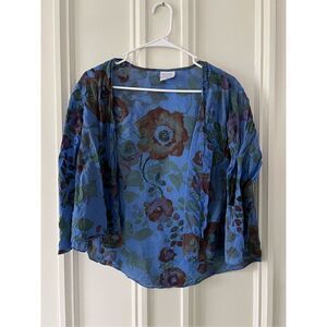 Click blue with red brown and green floral lightweight cardigan L